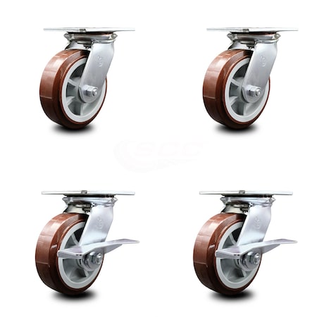 Heavy Duty Large Top Plate Polyurethane on Polyolefin Swivel Caster Set of 4 w/6" x 2" Maroon Wheels - Includes 2 Swivel with Brakes & 2 Swivel - 3600 lbs Total Capacity - Service Caster Brand